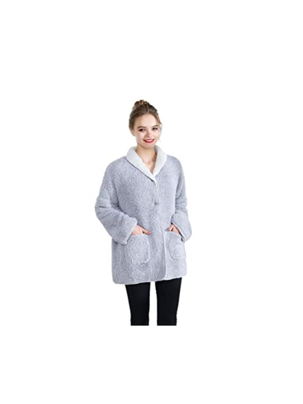 Plush Sherpa Reversible Button Front Bed Jacket Relaxed Fit
